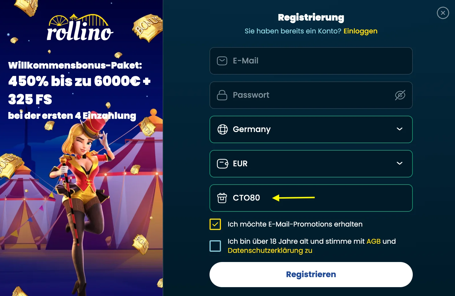 Registrierung bei Rollino und wie du unseren Bonus Code verwendest