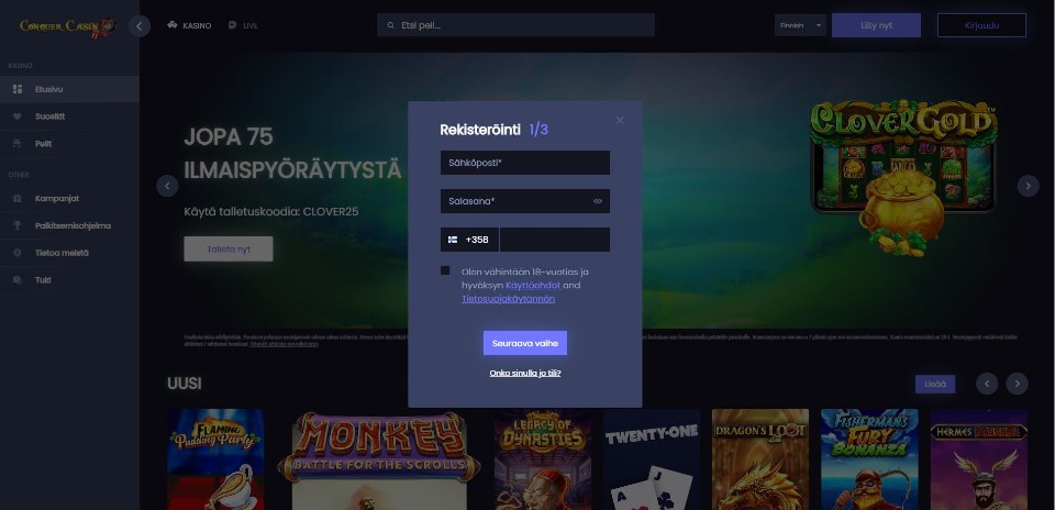 Kuvankaappaus Conquer Casinolle rekisteröitymisestä, näkyvillä rekisteröitymislomake osa 1/3