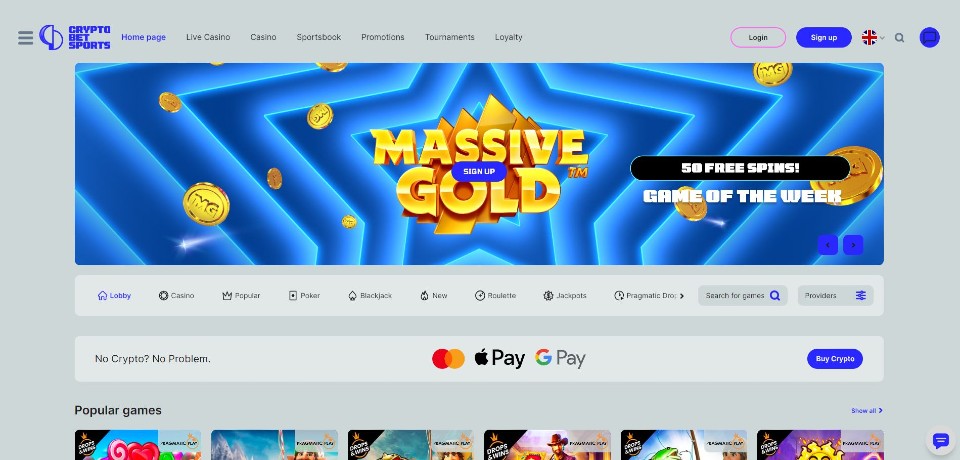 Kuvankaappaus CryptoBetSports Casinon etusivusta, näkyvillä valikot, viikon peli ja maksutapojen logoja