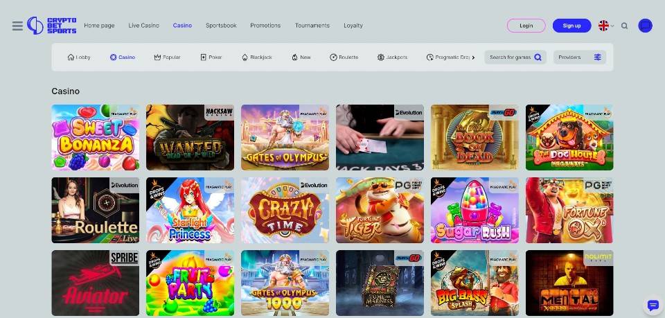 Kuvankaappaus CryptoBetSports Casinon peliaulasta, näkyvillä valikot ja 18 peliautomaatin kuvakkeet