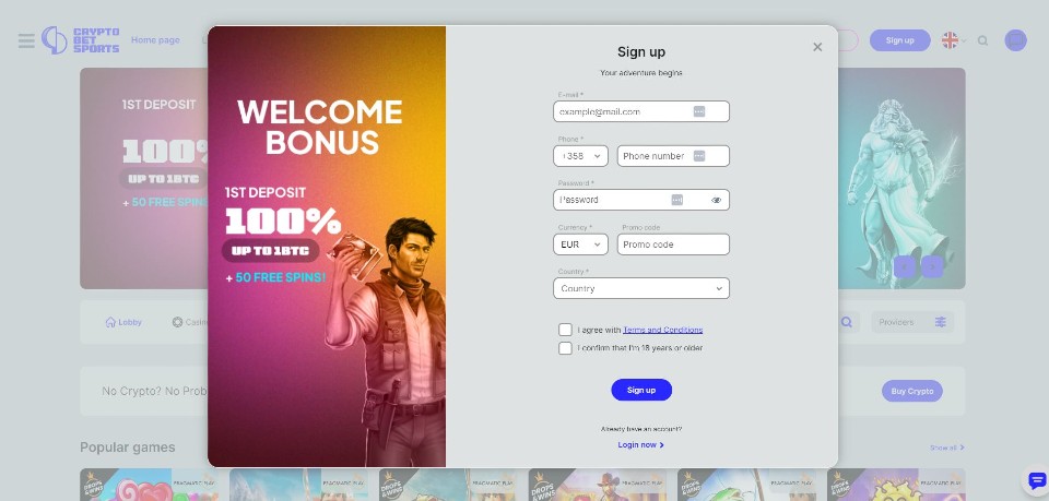 Kuvankaappaus CryptoBetSports Casinolle rekisteröitymisestä, näkyvillä tervetuliaisbonus ja rekisteröitymislomake