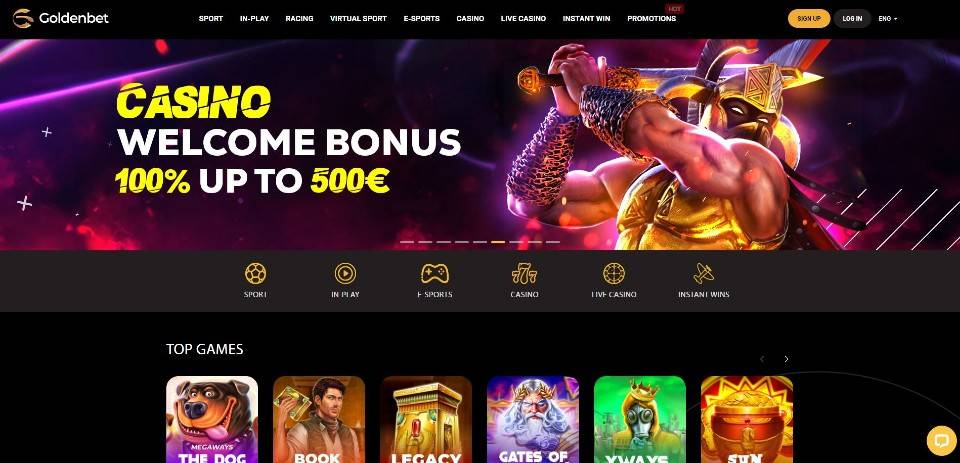 Kuvankaappaus Goldenbet Casinon etusivusta, näkyvillä valikot, tervetuliaisbonus ja 6 pelin kuvakkeet