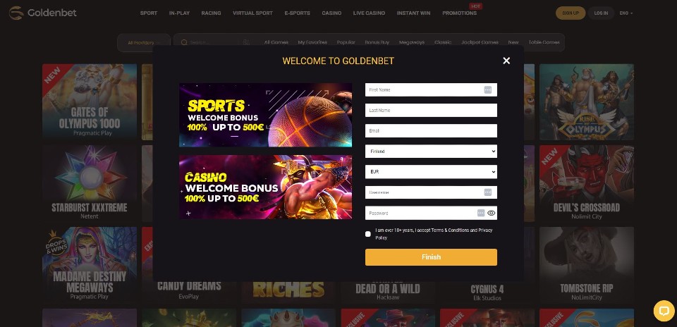 Kuvankaappaus Goldenbet Casinolle rekisteröitymisestä, näkyvillä tervetuliaisbonukset ja rekisteröitymislomake