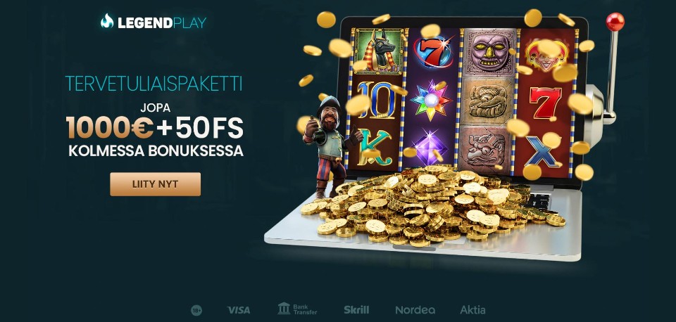 Kuvankaappaus LegendPlay Casinon tervetuliaispaketista, näkyvillä bonus ja Gonzo's Quest -peliautomaatti sekä iso rahakasa