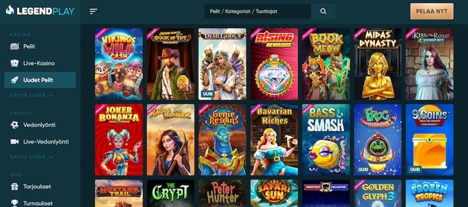 Kuvankaappaus LegendPlay Casinon peliaulasta, näkyvillä valikko ja 14 peliautomaatin kuvakkeet