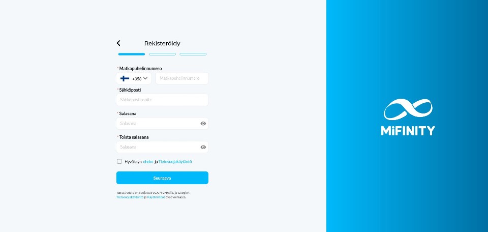 MiFinity maksutavan rekisteröiminen, näkyvillä MiFinity logo ja rekisteröitymislomake