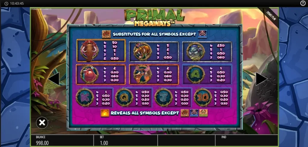 primal megaways paying symbols