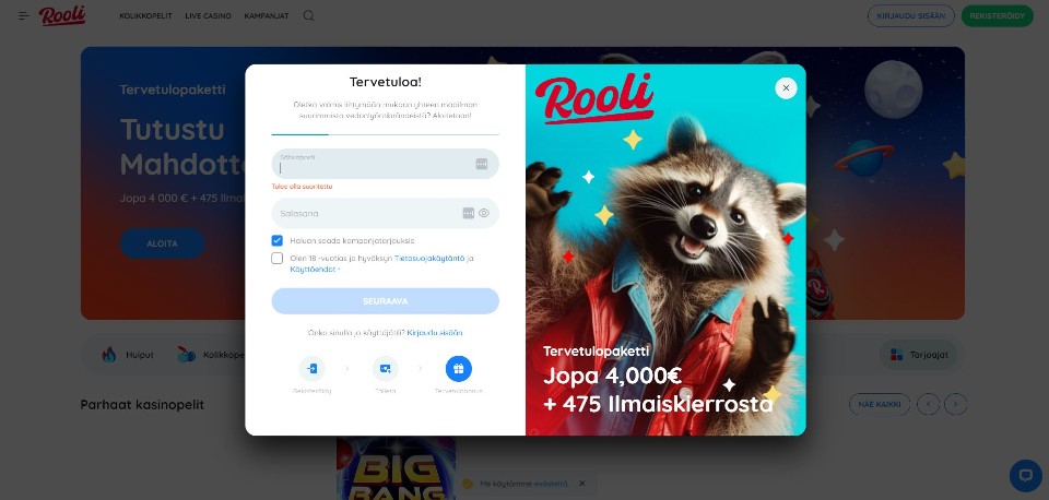 Kuvankaappaus Rooli Casinolle rekisteröitymisestä, näkyvillä rekisteröitymislomake ja tervetuliaisbonus