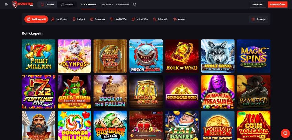 Kuvankaappaus Roosterbet Casinon peliaulasta, näkyvillä valikot ja 21 pelin kuvakkeet