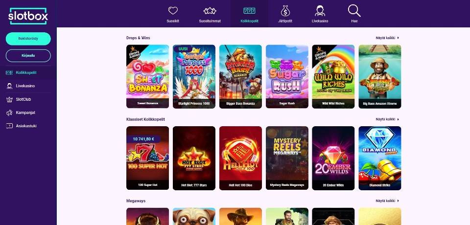 Kuvankaappaus Slotbox Casinon peliaulasta, näkyvillä valikot ja 12 peliautomaatin kuvakkeet