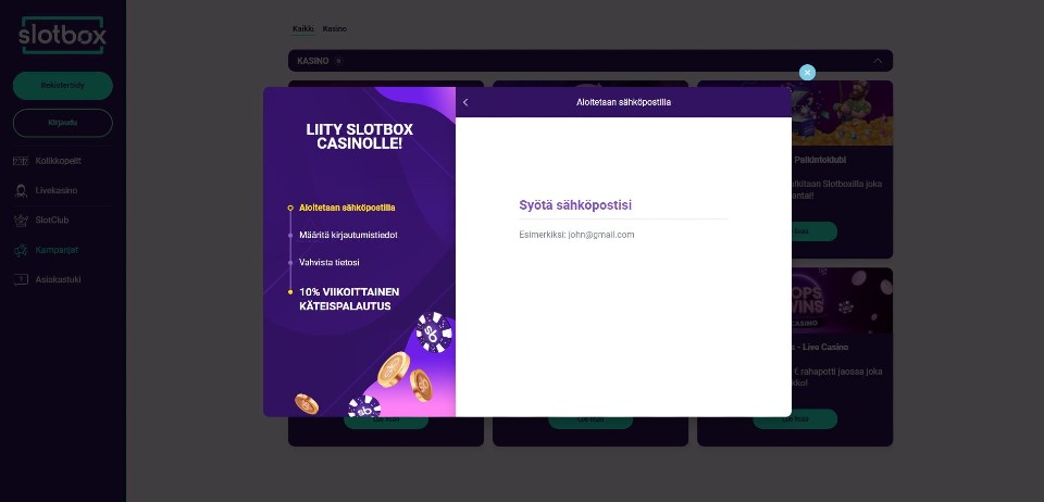 Kuvankaappaus Slotbox Casinolle rekisteröitymisestä, näkyvillä rekisteröitymislomake