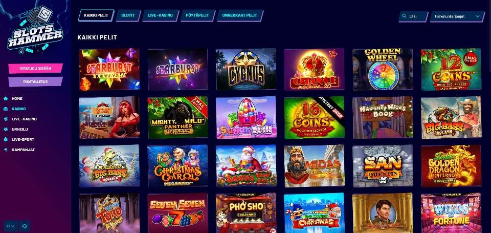 Kuvankaappaus Slotshammer Casinon peliaulasta, näkyvillä valikot ja 24 peliautomaatin kuvakkeet