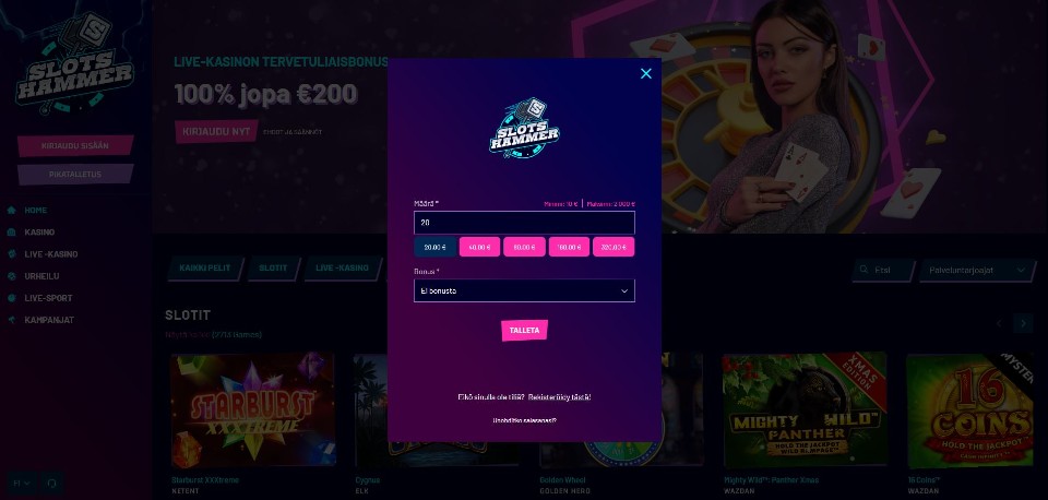 Kuvankaappaus Slotshammer Casinon pikatalletuksesta, näkyvillä 20 € Pay N Play -talletus