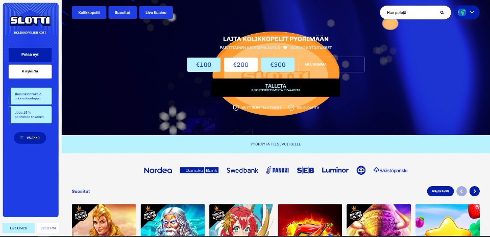 Kuvankaappaus Slotti Casinon etusivusta, näkyvillä valikot, Pay N Play -pikatalletus ja pankkien logoja