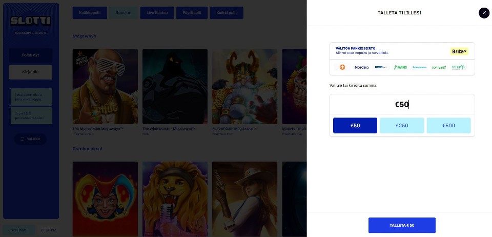 Kuvankaappaus Slotti Casinon pikatalletuksesta, näkyvillä 50 € Brite-talletus
