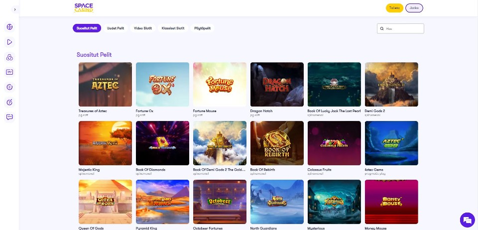 Kuvankaappaus Space Casinon peliaulasta, näkyvillä valikot ja 18 peliautomaatin kuvakkeet