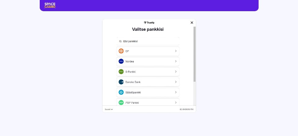 Kuvankaappaus Space Casinon pikatalletuksesta, näkyvillä pankin valinta
