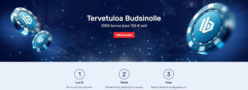 Kuvankaappaus Budsino Casinon etusivusta, näkyvillä tervetuliaisbonus ja Budsinon logolla varustettuja pelimerkkejä