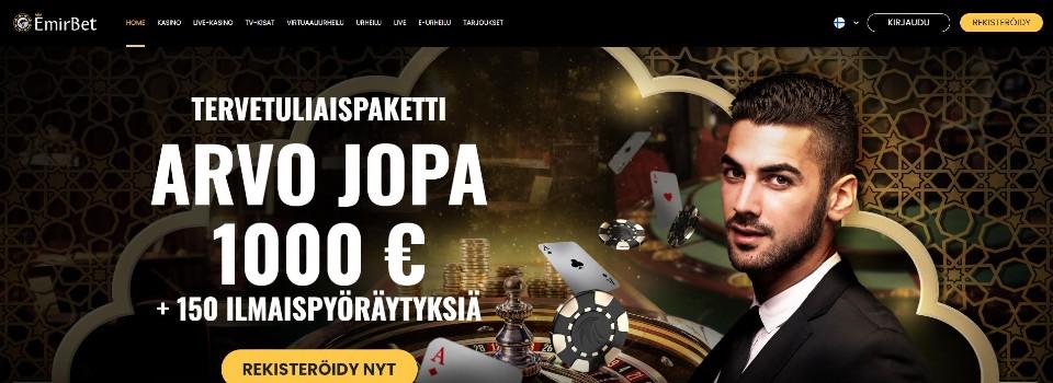 Kuvankaappaus Emirbet Casinon etusivusta, näkyvillä tervetuliaisbonus ja mies, jonka taustallakasino