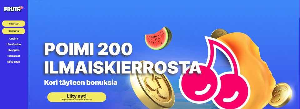 Kuvankaappaus Fruta Casinon etusivusta, näkyvillä valikot ja 200 ilmaiskierroksen tervetuliaisbonus