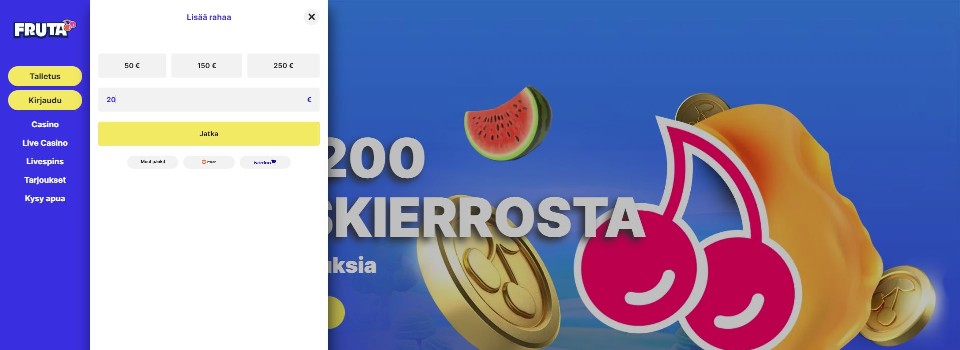 Kuvankaappaus Fruta Casinon pikatalletuksesta, näkyvillä 20 € Pay N Play -talletus