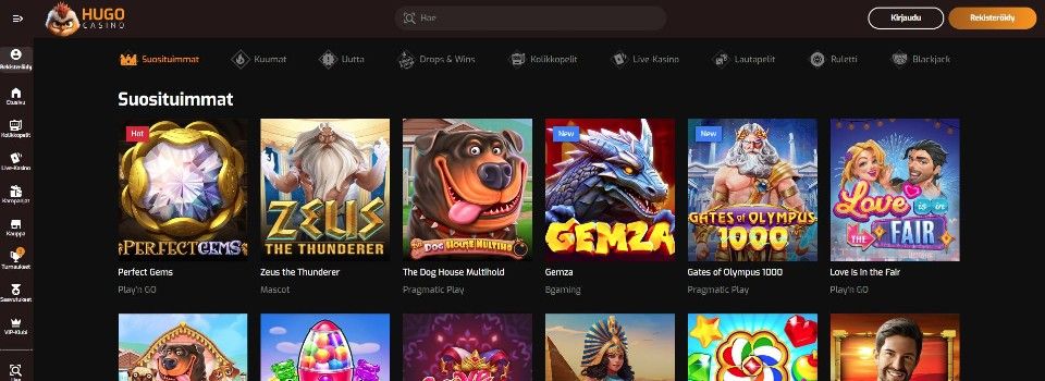 Kuvankaappaus Hugo Casinon peliaulasta, näkyvillä valikot ja 12 suositun peliautomaatin kuvakkeet