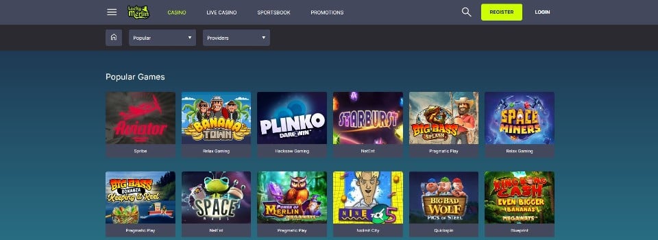 Kuvankaappaus Lucky Merlin Casinon peliaulasta, näkyvillä valikot ja 12 suositun pelin kuvakkeet