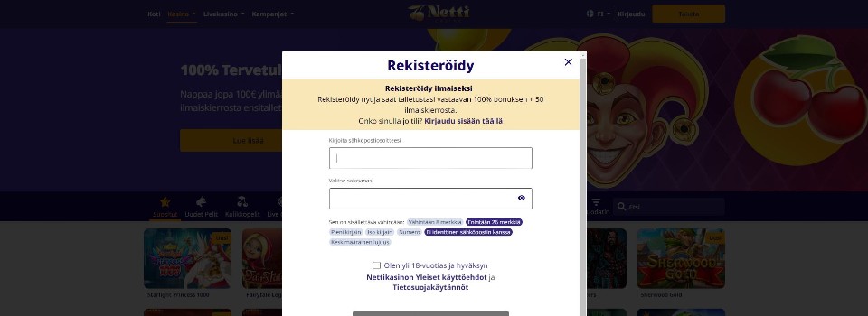 Kuvankaappaus NettiCasinolle rekisteröitymisestä, näkyvillä rekisteröitymislomake