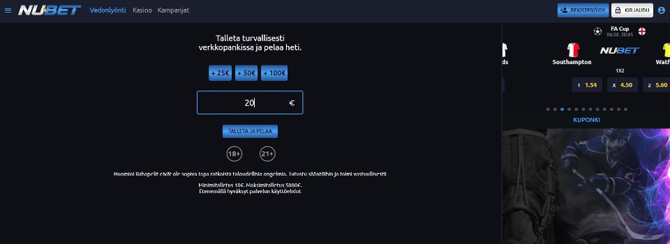 Kuvankaappaus Nubet Casinon pikatalletuksesta, näkyvillä 20 € Pay N Play -talletus