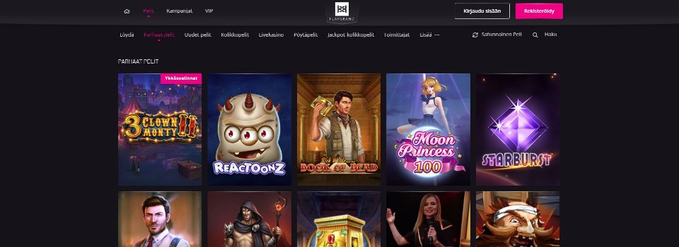 Kuvankaappaus PlayGrand Casinon peliaulasta, näkyvillä valikot ja 10 suosittua peliä kasinolla