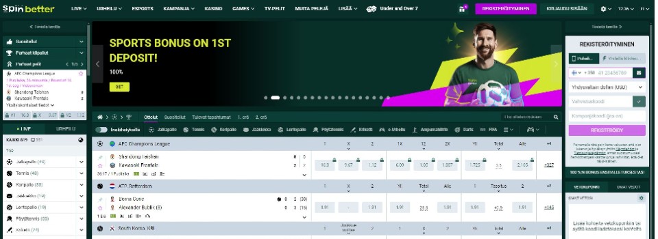 Kuvankaappaus Spinbetter Casinon etusivusta, näkyvillä valikot, vedonlyöntibonus ja vetokohteita