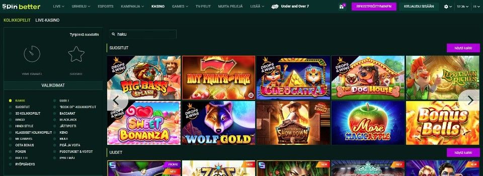Kuvankaappaus Spinbetter Casinon peliaulasta, näkyvillä valikot ja 10 peliautomaatin kuvakkeet 