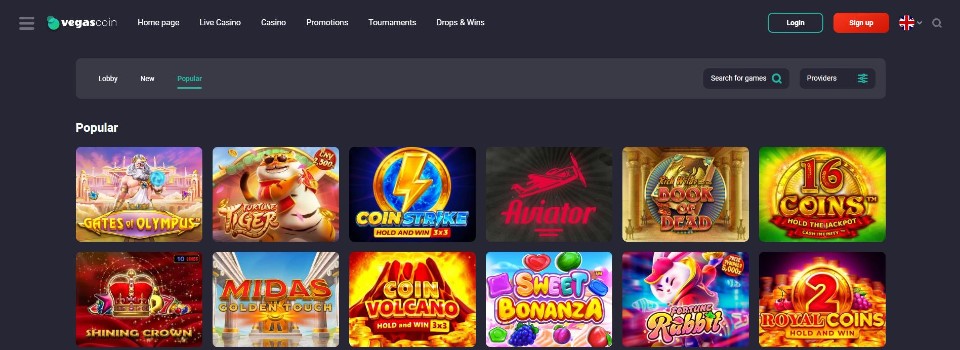 Kuvankaappaus VegasCoin Casinon peliaulasta, esillä 12 pelin kuvakkeet