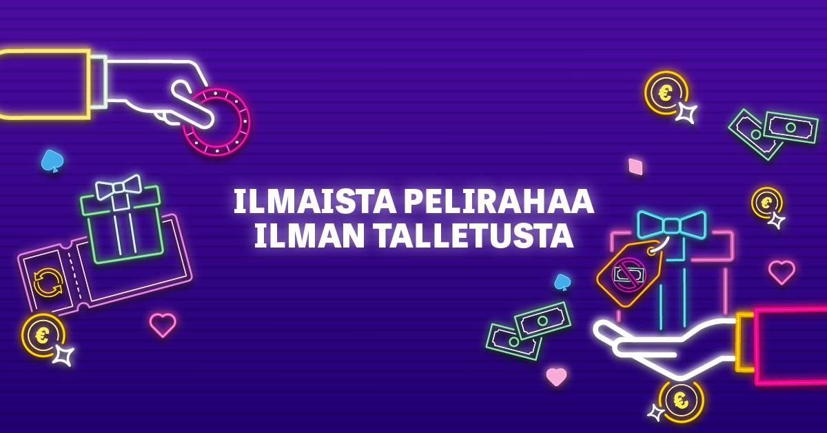 Ilmaista pelirahaa ilman talletusta - kasinobonuksia violetilla taustalla