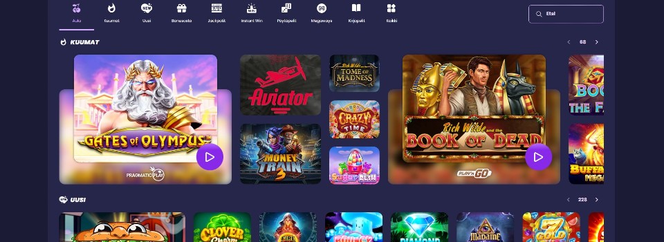 Kuvankaappaus ReSpin casinon peliaulasta, näkyvillä valikko ja 16 peliautomaatin kuvakkeet