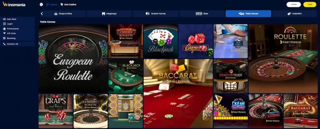 winomania casino table games