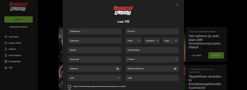 Kuvankaappaus Anarchy Casinolle rekisteröitymisestä, kuvassa rekisteröitymislomake