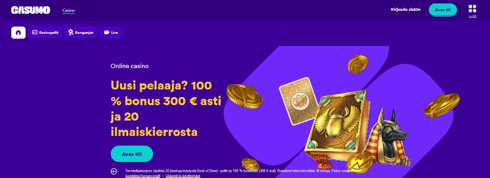 Kuvankaappaus Casumo Casinon etusivusta, kuvassa tervetuliaisbonus