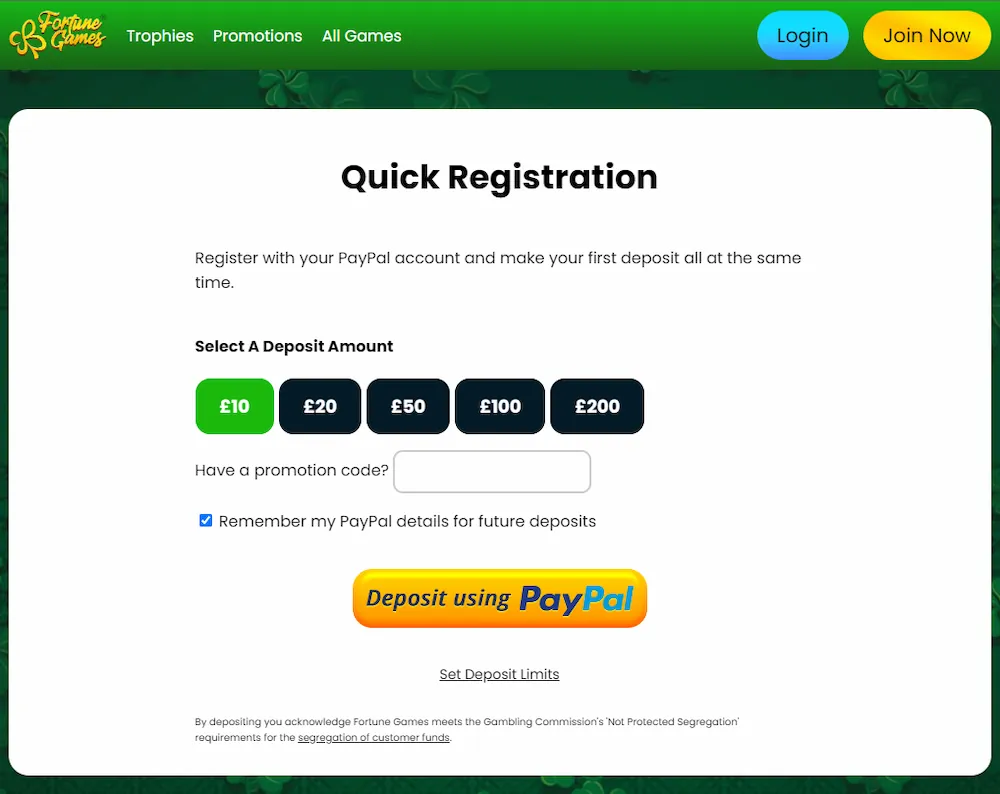fortune games quick registration paypal