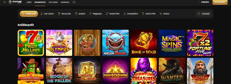 Kuvankaappaus FortunePlay Casinon peliaulasta, näkyvillä valikot ja 14 peliautomaatin kuvakkeet
