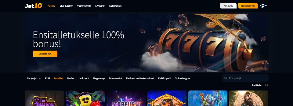 Kuvankaappaus Jet10 Casinon peliaulasta, kuvassa ensitalletusbonus, valikot ja pelikuvakkeita