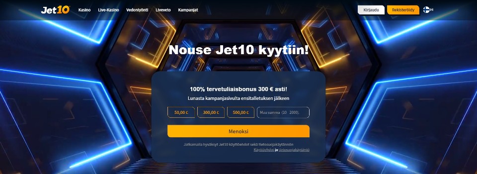 Kuvankaappaus Jet10 Casinon pikatalletuksesta, kuvassa bonussa ja erisuuruisia telletusvaihtoehtoja