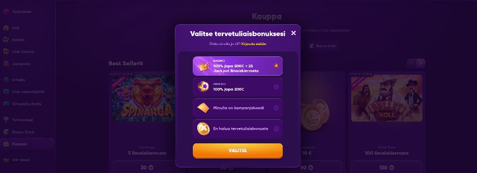 Kuvankaappaus Kingmaker Casinolle rekisteröitymisestä, kuvassa tervetuliaisbonuksen valinta