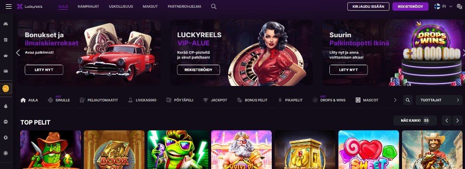 Kuvankaappaus LuckyReels Casinon etusivusta, kuvassa valikot, 3 tarjousta ja peliautomaattien kuvakkeita