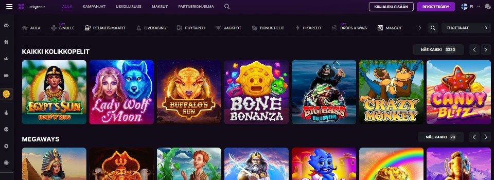 Kuvankaappaus LuckyReels Casinon peliaulasta, kuvassa valikot ja 14 peliautomaattin kuvakkeet