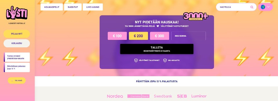 Kuvankaappaus Lysti Casinon etusivusta, näkyvillä valikot ja pikatalletusikkuna