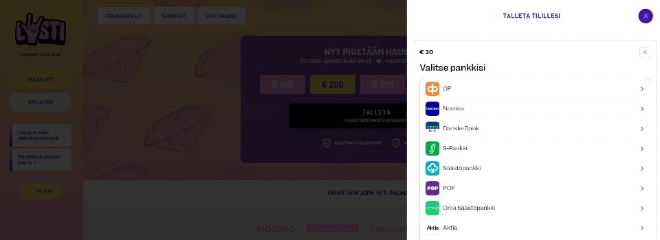 Kuvankaappaus Lysti Casinon pikatalletusikkunasta, näkyvillä 20 € talletus ja oman nettipankin valinta