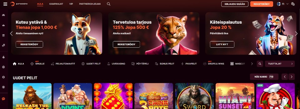 Kuvankaappaus Puma Casinon etusivusta, kuvassa valikot, 3 tarjousta ja 7 kasinopelin kuvakkeet