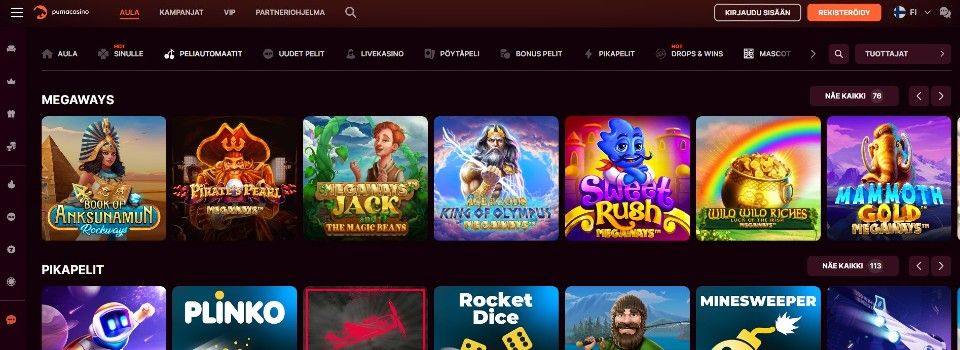 Kuvankaappaus Puma Casinon peliaulasta, kuvassa valikot ja 14 kasinopelin kuvakkeet