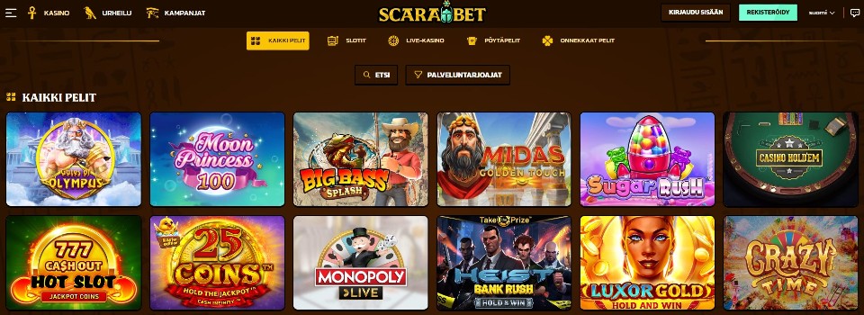 Kuvankaappaus Scarabet Casinon peliaulasta, kuvassa valikot ja 12 peliautomaatin kuvakkeet